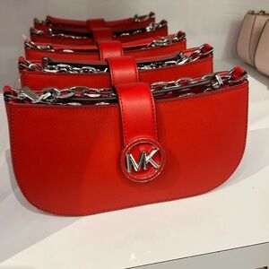 MICHAEL KORS CARMEN SMALL POUCHETTE SHOULDER CHAIN BAG BRIGHT RED